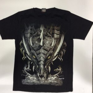 Gothic Designs Dragon Face Portrait Twin Fire Dragon Bridge T-shirt (Black/Green)(Double Sided)