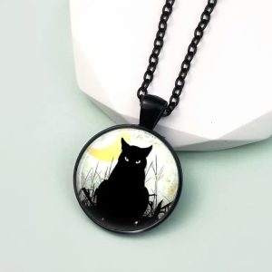 Cat Glowing Glass Necklace With Black Chain (Unisex) (Black) (Alloy) (One Size)