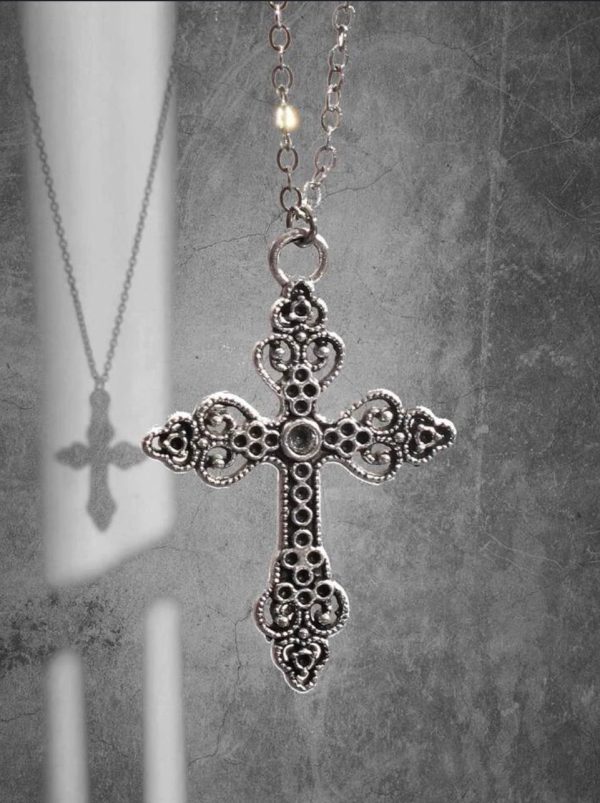 Cross Charm Necklace With Detailed Design (Silver) (Unisex) (Alloy) (43cm) (One Size)