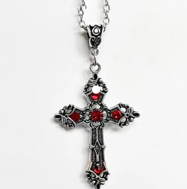Cross Necklace With Crystals (Red/Silver) (Unisex) (One Size)