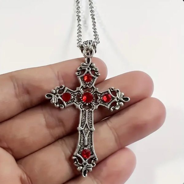 Cross Necklace With Crystals (Red/Silver) (Unisex) (One Size) - Image 2