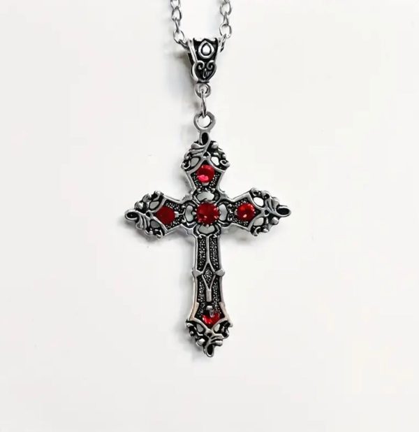 Cross Necklace With Crystals (Red/Silver) (Unisex) (One Size) - Image 3