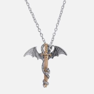 Glow In The Dark Dragon Wrapped Around A Sword Necklace (Unisex) (One Size) (Alloy) (43cm) (Silver/Gold)