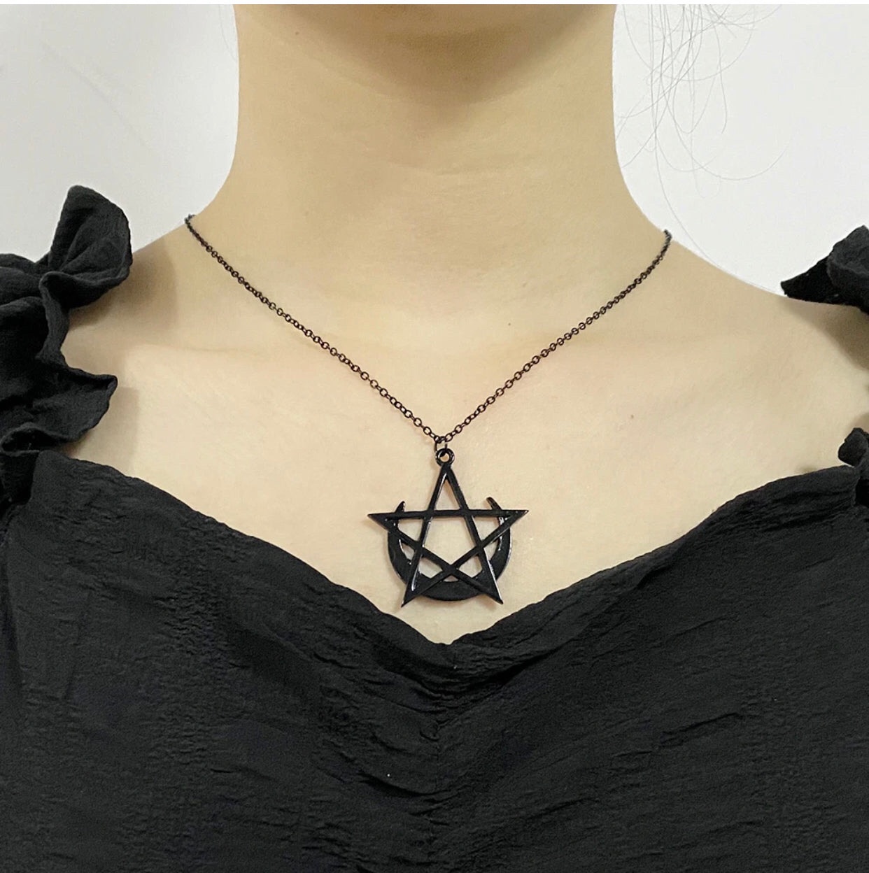 Octave Pentagram and Moon Gothic Necklace (Black) (Unisex) (One Size) (50cm chain length)