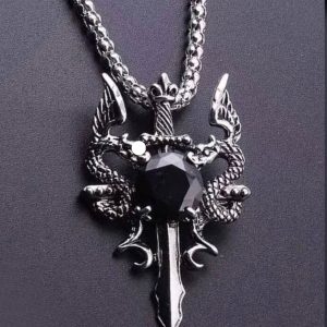 Twin Dragon Black Stone With Sword Pendant Necklace (Silver/Black) (One Size) (Alloy) (24 Inches)