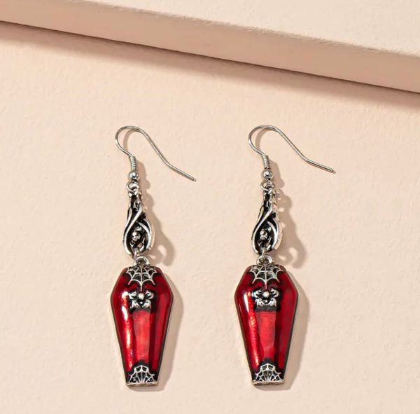 Black Bat And Red Decor Vampire Coffin Dangle Earrings (Alloy) (Red/Silver)