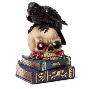Crow Perched on LED Skull & Books Ornament (19.5cm)