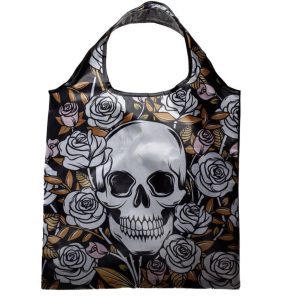 Foldable Reusable Shopping Bag Skulls & Roses Skull With White / Pink Roses Autumn Leaves (39cm)