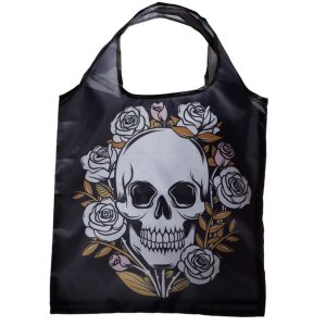 Foldable Reusable Shopping Bag Skulls & Roses Skull With White / Pink Roses Black Bag (39cm)