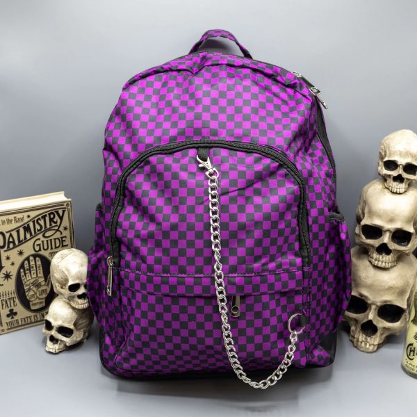 Gothic / Alternative Purple Checkerboard Backpack Bag With Gothic Chain (Purple/Black) (42cm) - Image 5