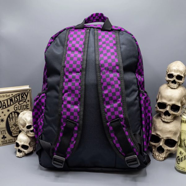 Gothic / Alternative Purple Checkerboard Backpack Bag With Gothic Chain (Purple/Black) (42cm) - Image 9