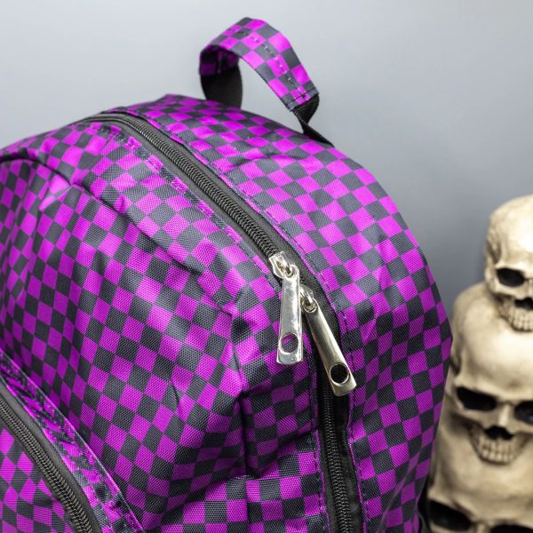 Gothic / Alternative Purple Checkerboard Backpack Bag With Gothic Chain (Purple/Black) (42cm) - Image 8