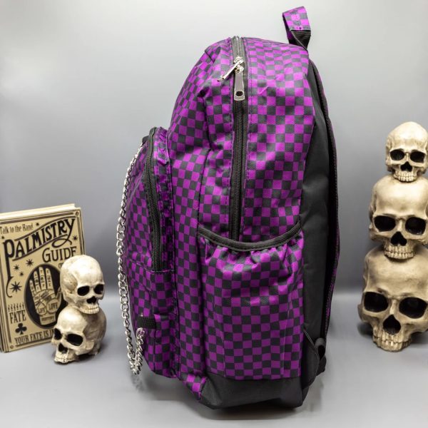 Gothic / Alternative Purple Checkerboard Backpack Bag With Gothic Chain (Purple/Black) (42cm) - Image 7