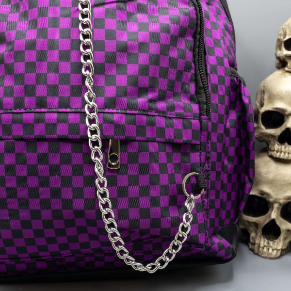Gothic / Alternative Purple Checkerboard Backpack Bag With Gothic Chain (Purple/Black) (42cm) - Image 6