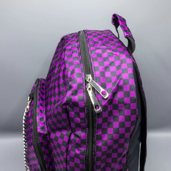 Gothic / Alternative Purple Checkerboard Backpack Bag With Gothic Chain (Purple/Black) (42cm) - Image 3