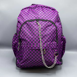 Gothic / Alternative Purple Checkerboard Backpack Bag With Gothic Chain (Purple/Black) (42cm)