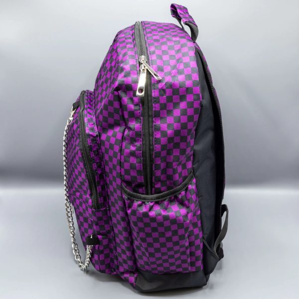 Gothic / Alternative Purple Checkerboard Backpack Bag With Gothic Chain (Purple/Black) (42cm) - Image 2