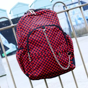 Gothic Red Checkerboard Backpack Bag With Gothic Chain (Red/Black) (42cm)