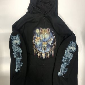Gothic Designs Native Dreamcatcher Moon Wolf Pack Hoodie (Unisex) (Double Sided)