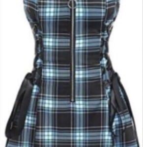 OCTAVE Gothic Checkered Mini Dress Zipped Chest with Black Lace (Ladies) (Blue)