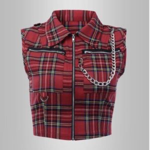 OCTAVE Gothic Checkered Zip Up Collar Vest with Chain (Ladies) (Red)