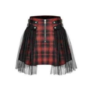 OCTAVE Gothic Checkered Mini Skirt with Net (Ladies) (Red)