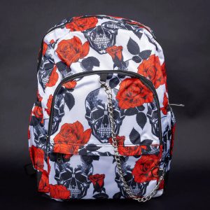White Gothic Rose & Skull Backpack with Chain Detail (42cm)