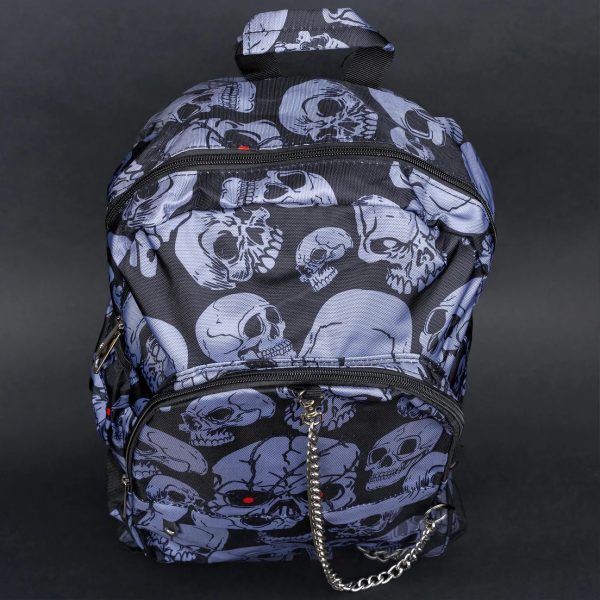 Spooky Grey Skulls Nightfall Backpack with Chain Detail (42cm) - Image 2