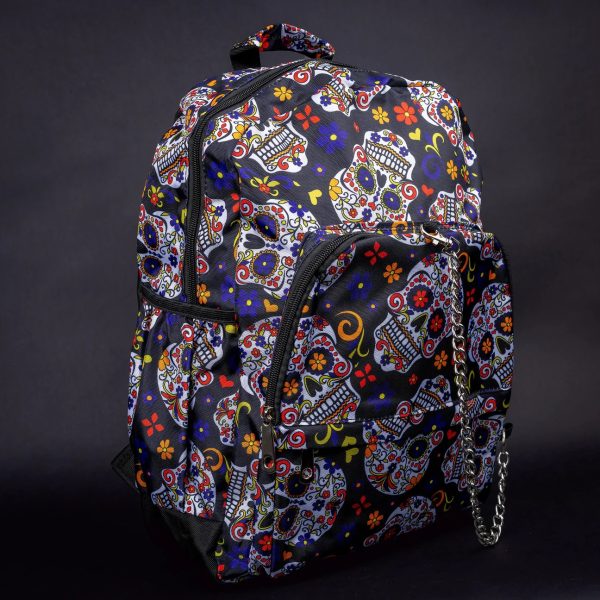 Colourful Sugar Skull Fiesta Backpack with Chain Detail (42cm)
