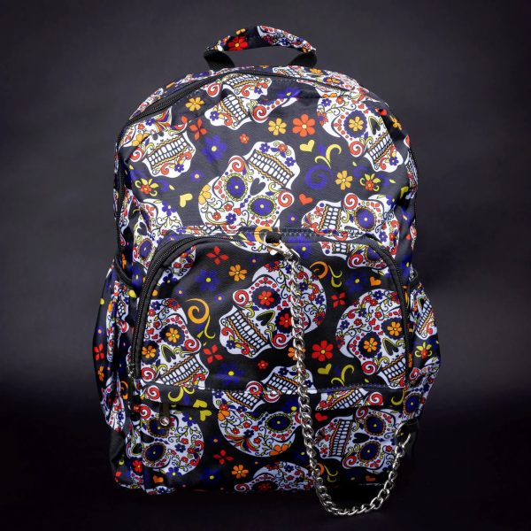 Colourful Sugar Skull Fiesta Backpack with Chain Detail (42cm) - Image 7