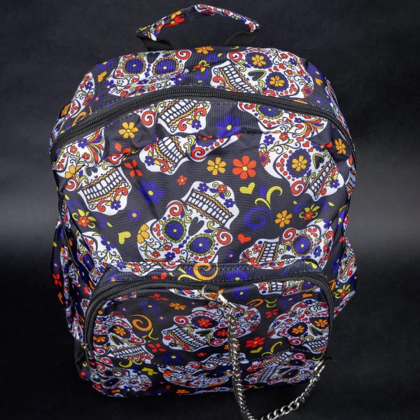 Colourful Sugar Skull Fiesta Backpack with Chain Detail (42cm) - Image 5