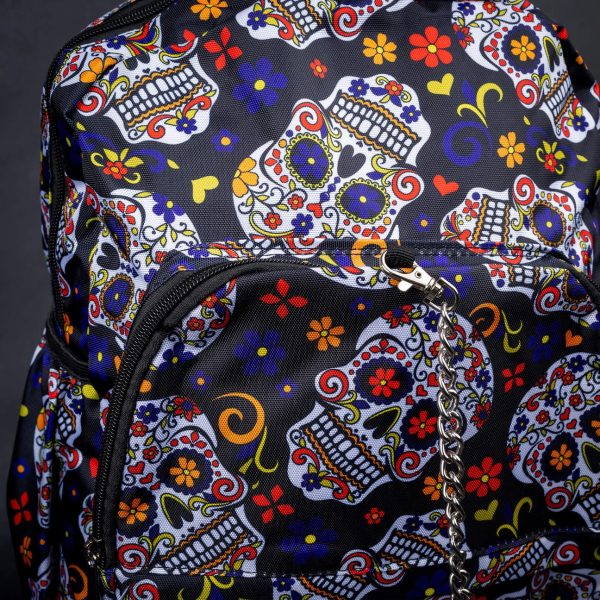 Colourful Sugar Skull Fiesta Backpack with Chain Detail (42cm) - Image 3