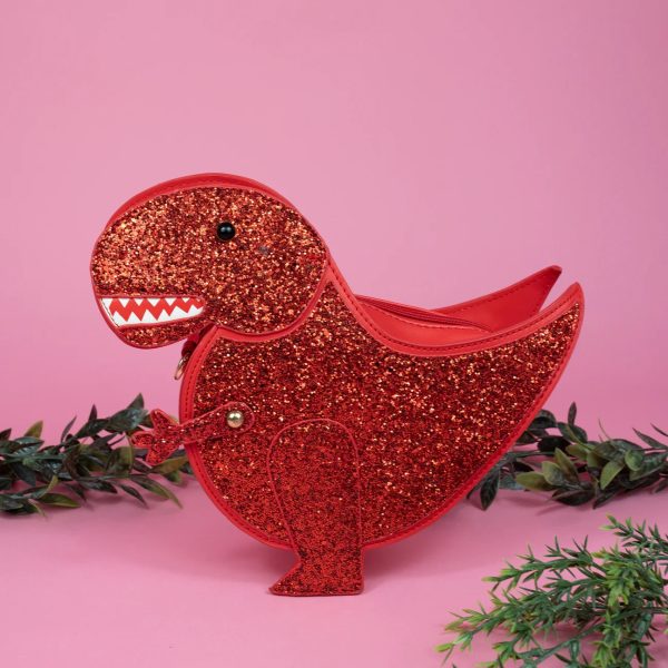 Dinosaur Glitter Effect Handbag Movable Hand (Red)