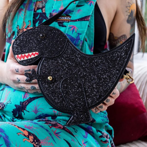 Dinosaur Glitter Effect Handbag Movable Hand (Black)