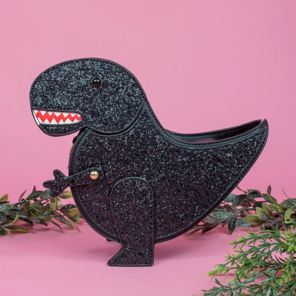 Dinosaur Glitter Effect Handbag Movable Hand (Black) - Image 2