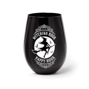 Alchemy© Stemless Glass Witching Hour Witch On Flying Broom Stick Design Drinking Cup (12cm)