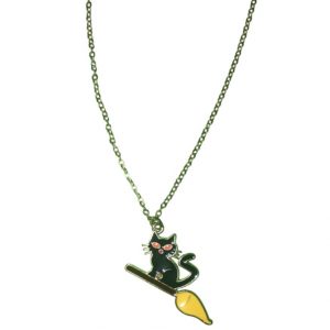 Cartoon Cat on Witches Broom Stick Necklace (Unisex)