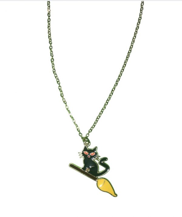 Cartoon Cat on Witches Broom Stick Necklace (Unisex)