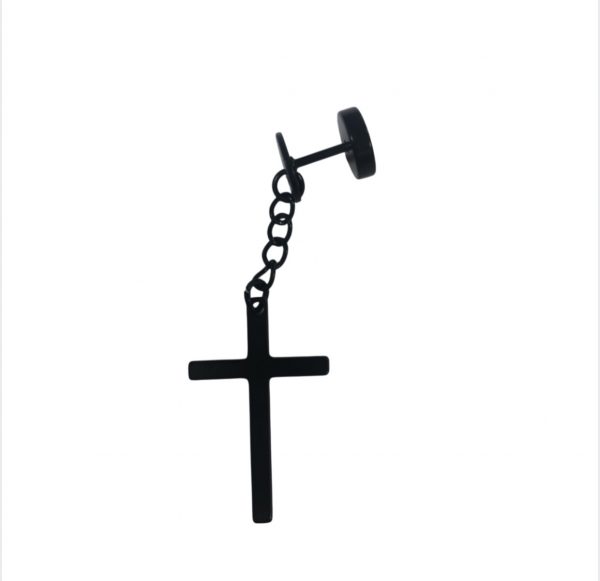Piercing Round Stud Dangling Cross Earring (Unisex) (Single) (Black)