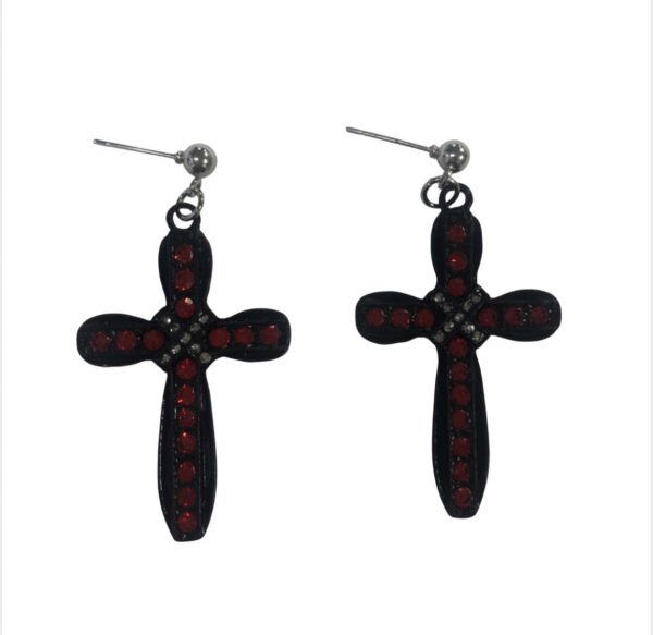 Piercing Studded Cross Earrings (Unisex) (Black/Red)