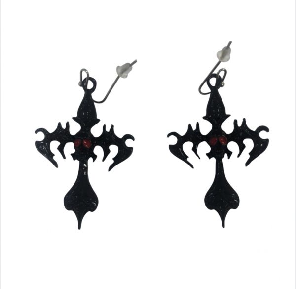 Piercing Gothic Skull Face Cross Earrings (Unisex) (Black/Red)