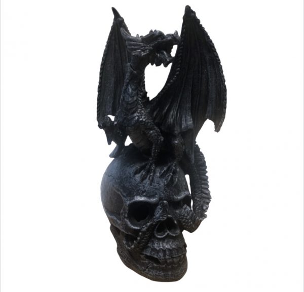 SACRED Black Skull Dragon Sitting On Skull Light Up Ornament (17cm)